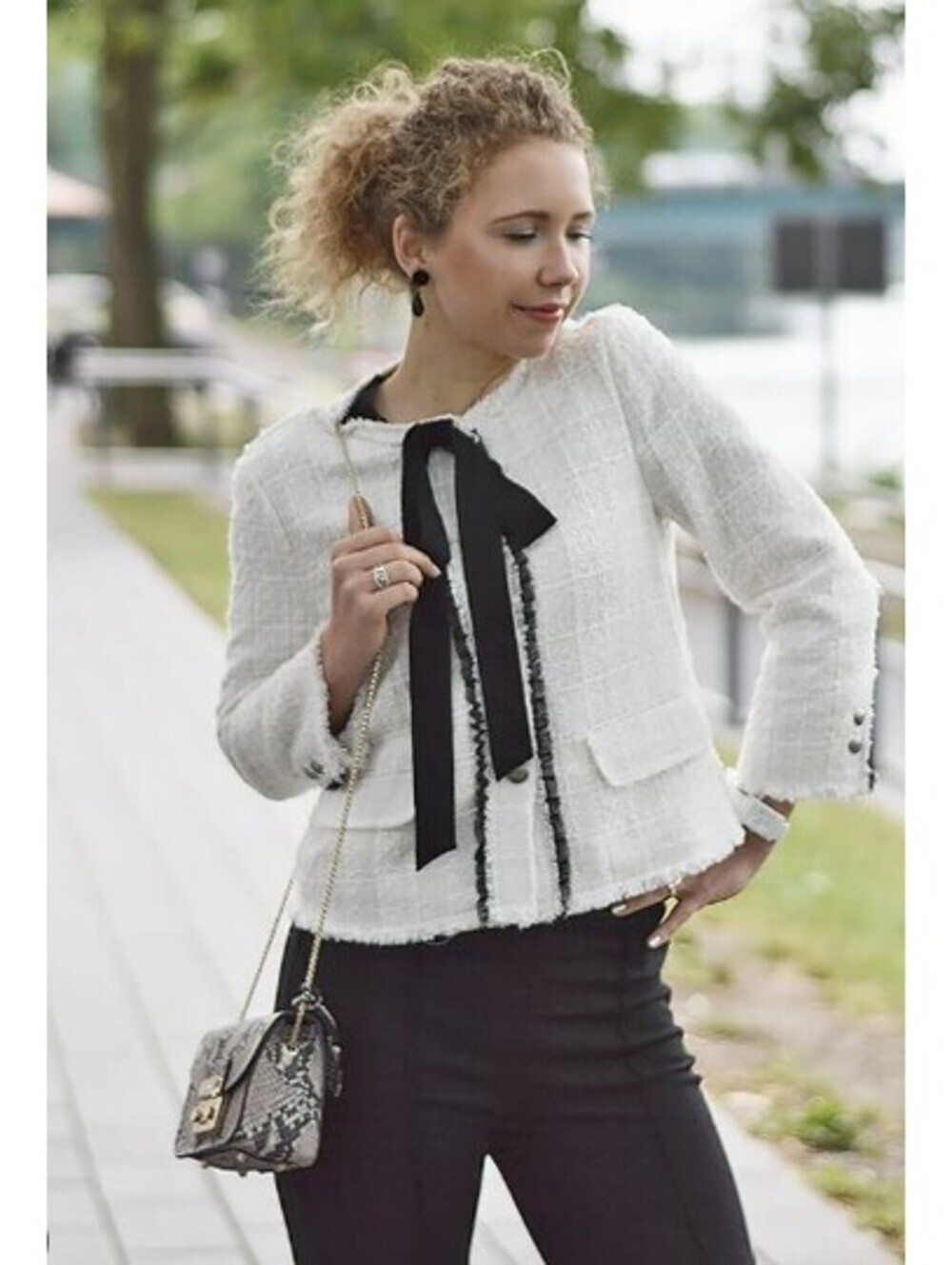 Zara Woman white cream tweed jacket with black bow and trim silver buttons S